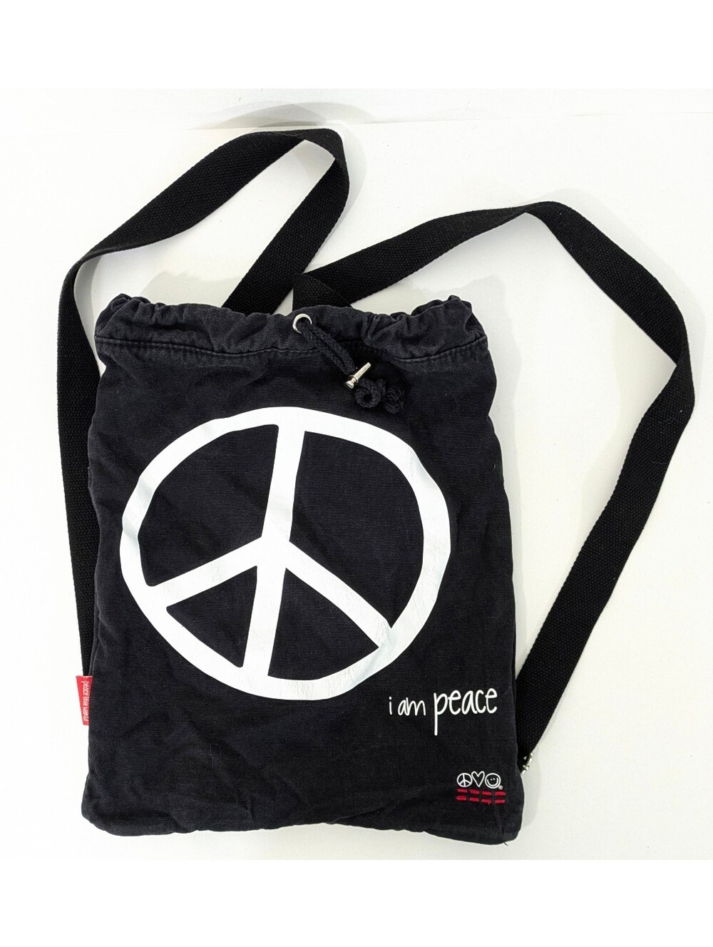 Peace Love World Black Canvas I Am Peace Drawstring Graphic Print Bag